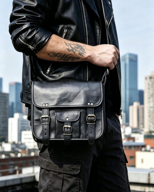Medium black leather bag with pocket