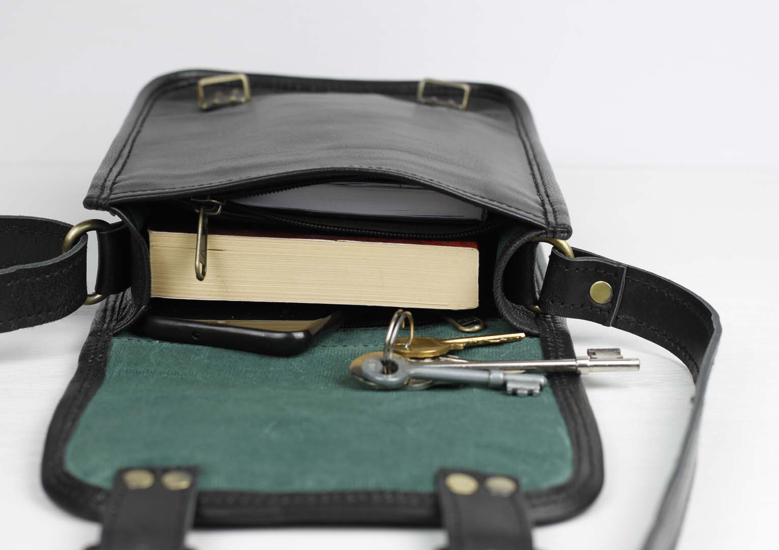 Personalised long two buckle black leather bag - Image 3