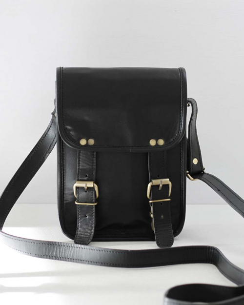 Personalised long two buckle black leather bag
