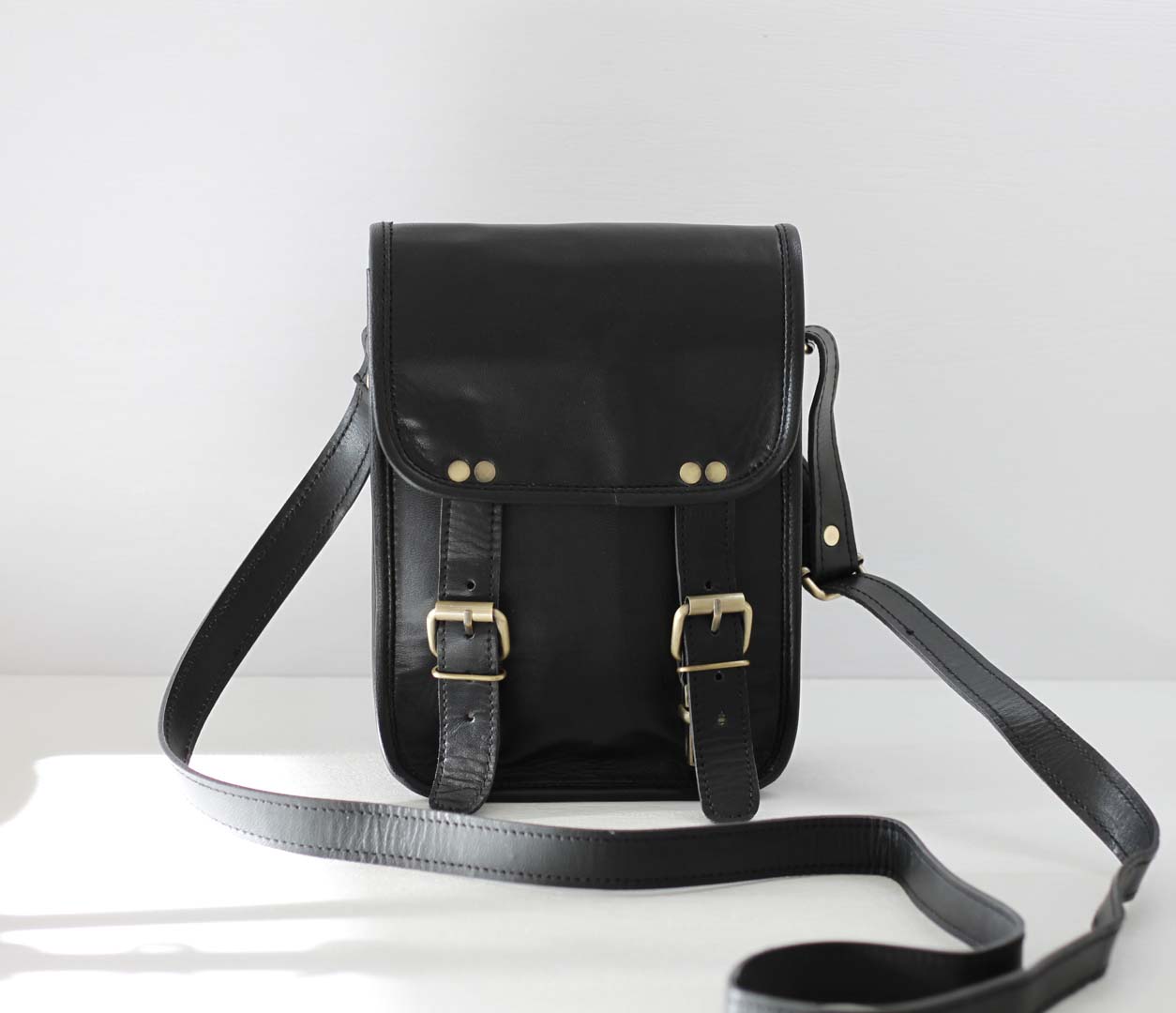 Personalised long two buckle black leather bag - Image 4