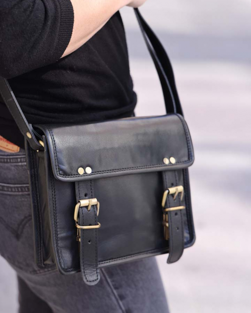 Personalised black genuine leather bag