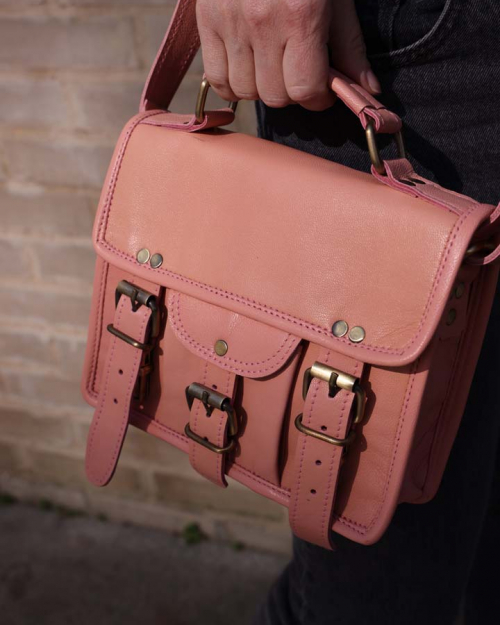 Small pink leather bag with pocket