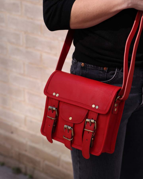 Small red leather bag with pocket