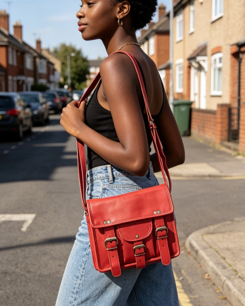 Small red leather bag with pocket