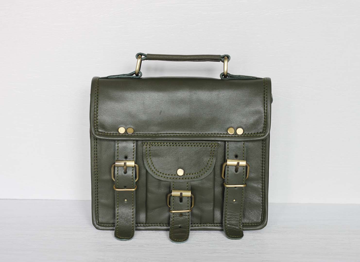 Personalised olive green leather bag with pocket