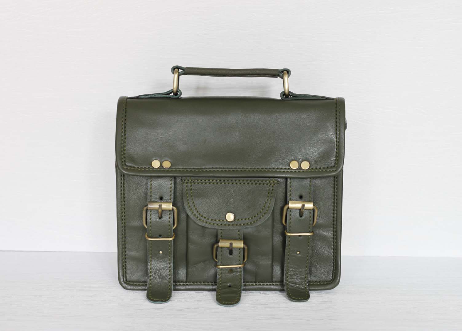 Personalised olive green leather bag with pocket - Image 2