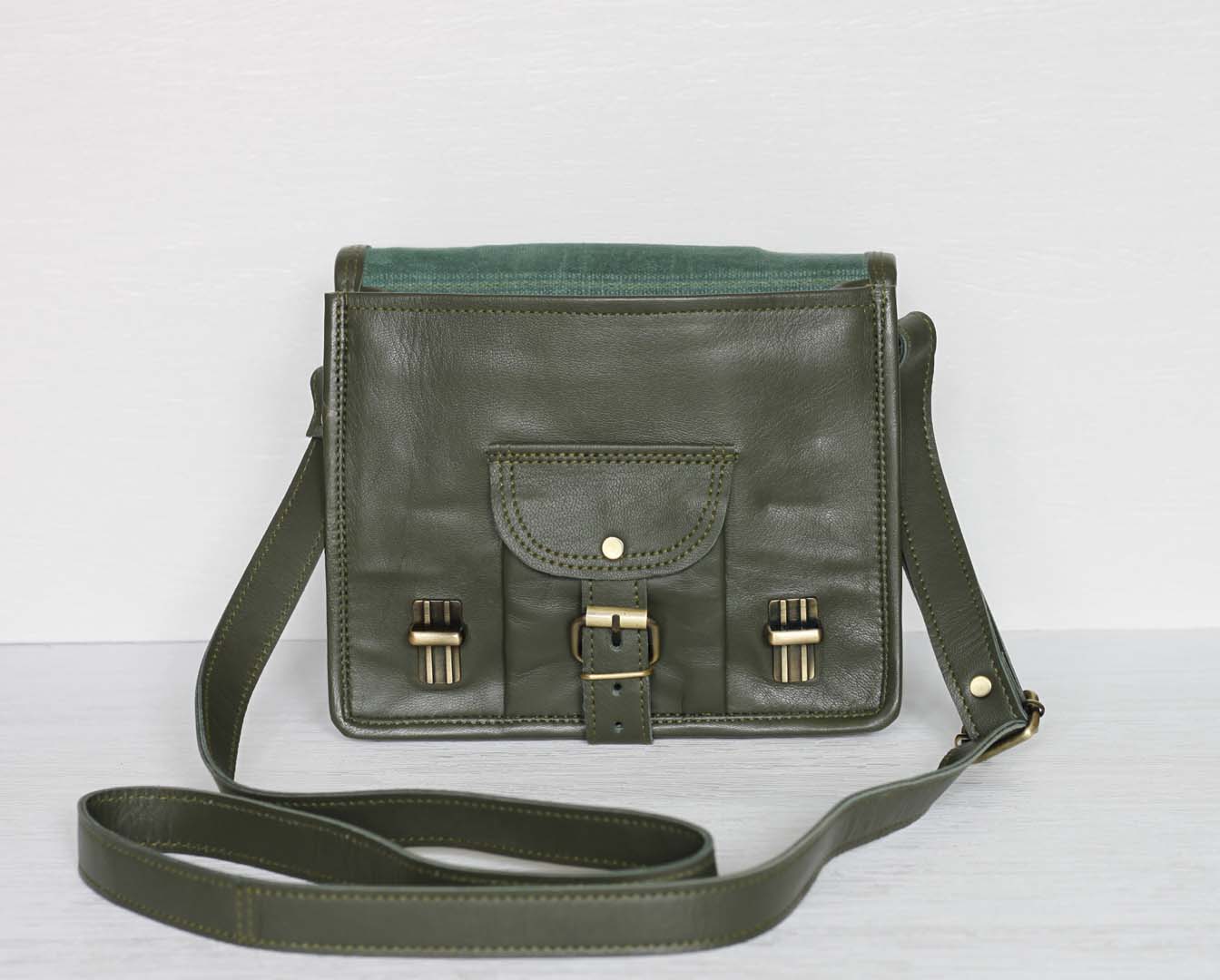 Personalised olive green leather bag with pocket - Image 3