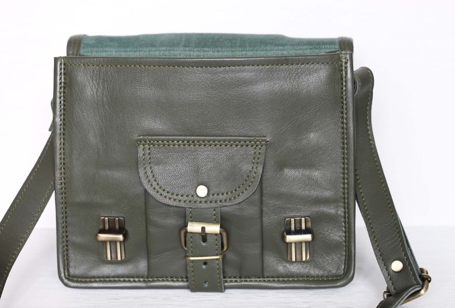 Personalised olive green leather bag with pocket - Image 5