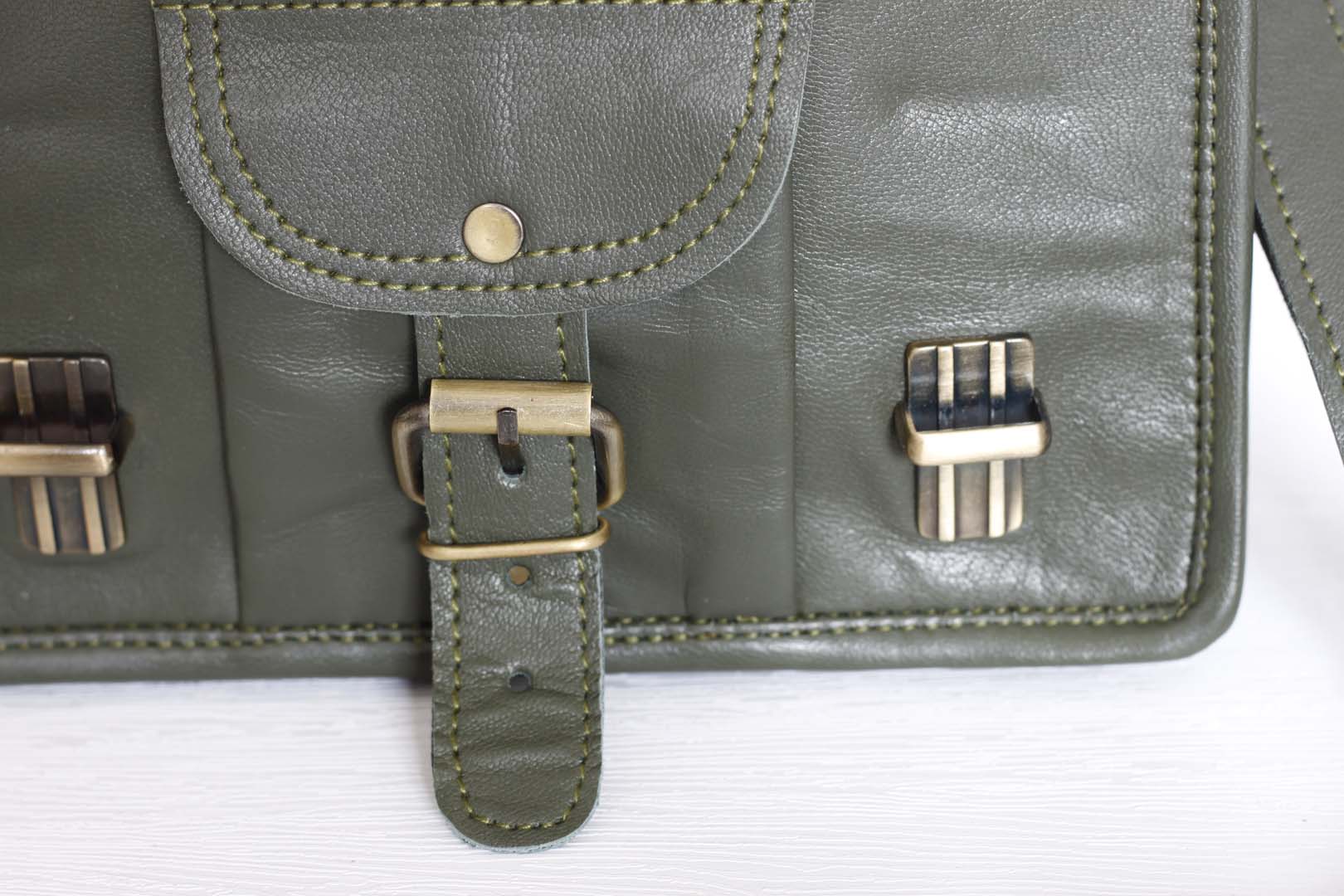 Personalised olive green leather bag with pocket - Image 7