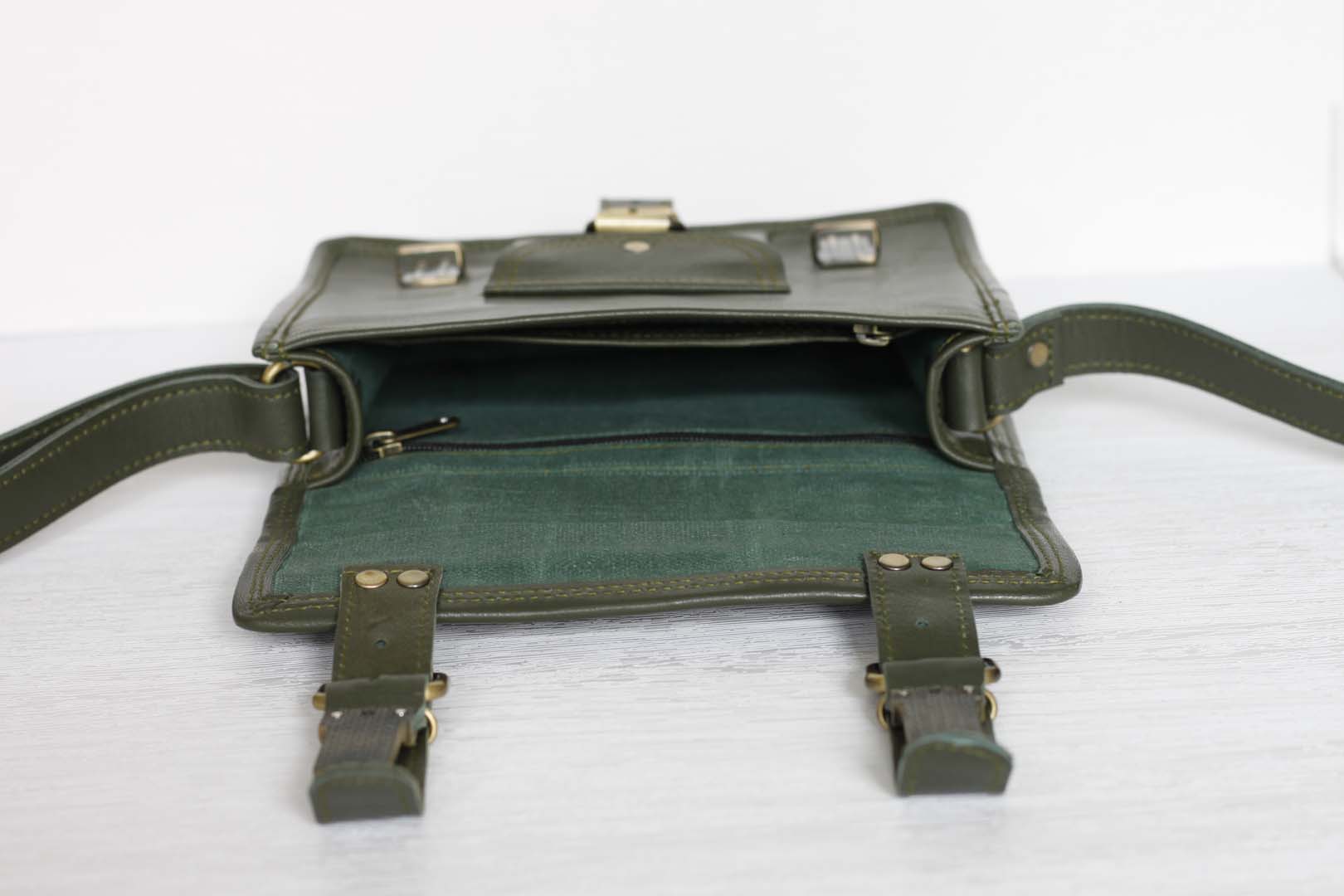 Personalised olive green leather bag with pocket - Image 4