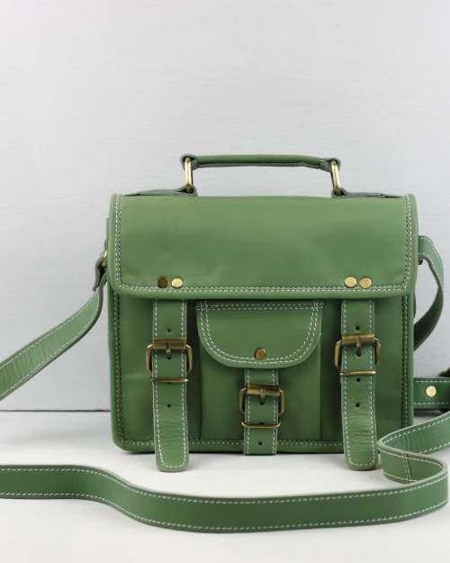 Personalised green leather bag with pocket and handle