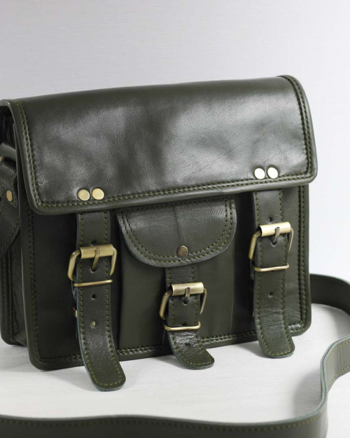 Personalised green leather bag with pocket and handle